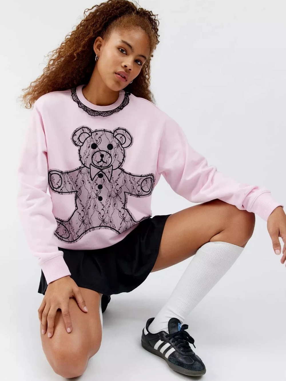 Teddy Fresh bear Pink Crewneck Sweatshirt with Black Lace Teddy Graphic